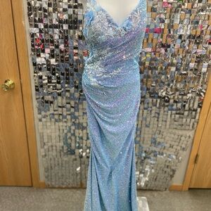 Blue Sequin Ruched Prom Gown